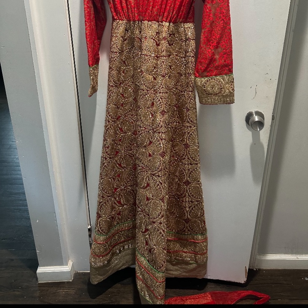 Women’s dress. Red, gold embroidered. Size medium. Matching belt.